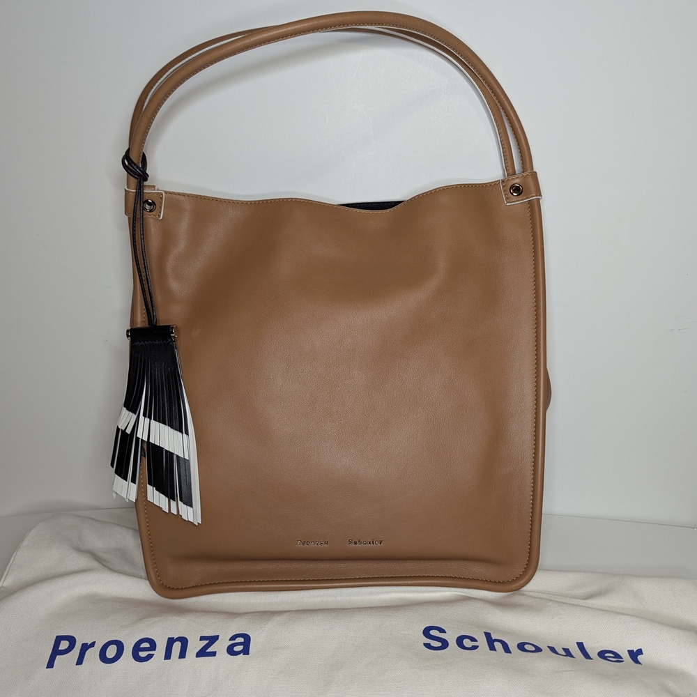 Proenza Schouler Tan Leather Shoulder Bag with Black & White Tassel